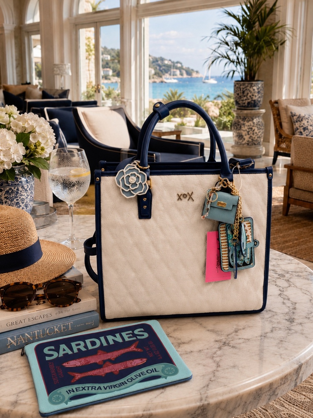 Betsey Johnson XOLala Sardine tote in quilted cream and navy plus bonus items!